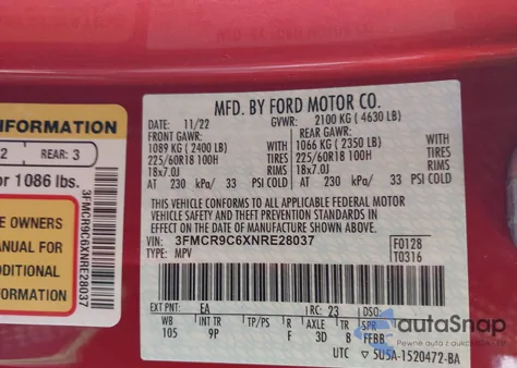 2022 Ford Bronco Sport Outer Banks из США, поврежденный, VIN 3FMCR9C6XNRE28037